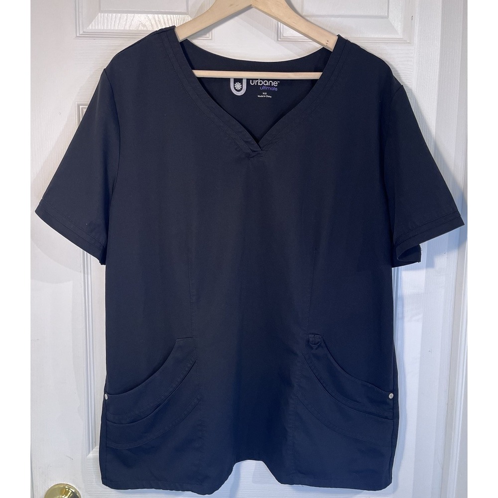 Urbane Ultimate Scrub Top XL Black‎ V-Neck Nurse Medical Uniform 4 Pocket